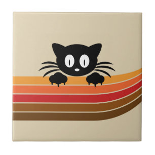 Süße schwarze Katze mit Retro-Streifen Fliese