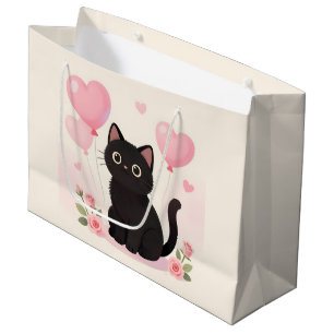 Süße schwarze Katze mit rosa Herzen und Blumen Große Geschenktüte