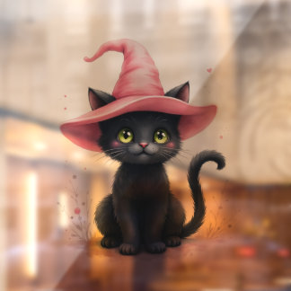 Süße schwarze Katze mit rosa Hexenhut Halloween-Fe Fensteraufkleber