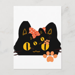 Süße schwarze Katze mit Schleife in Kawaii-Art Postkarte