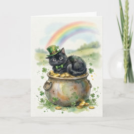 Süße schwarze Katze mit Topf voll Gold zum St. Pat Karte
