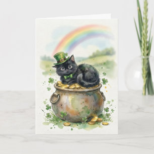 Süße schwarze Katze mit Topf voll Gold zum St. Pat Karte