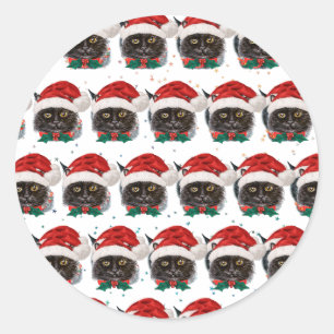Süße schwarze Katze mit Weihnachtsmannmütze an Wei Runder Aufkleber