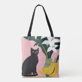 Süße schwarze Katze mit weißer Blume Tasche (Rückseite)