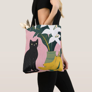 Süße schwarze Katze mit weißer Blume Tasche