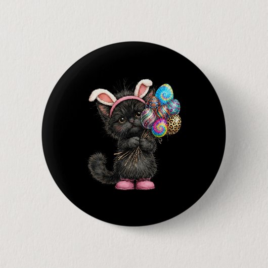 Süße schwarze Katze Osterhase Ohren Eier Ostertag Button (Vorderseite)
