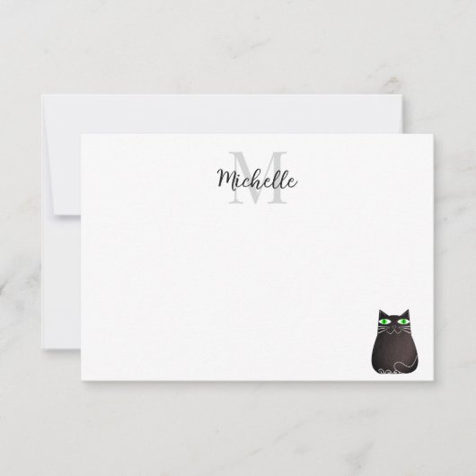 Süße schwarze Katze personalisiertes Monogramm Mitteilungskarte (Vorderseite)