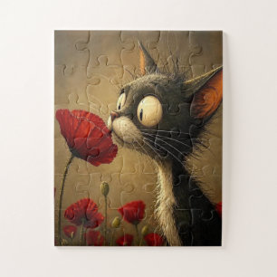 Süße schwarze Katze rote Blume floral Puzzles