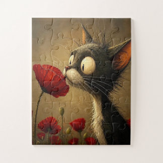 Süße schwarze Katze rote Blume floral Puzzles