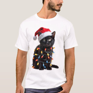 Süße schwarze Katze Santa Weihnachtslichter Meow K T-Shirt