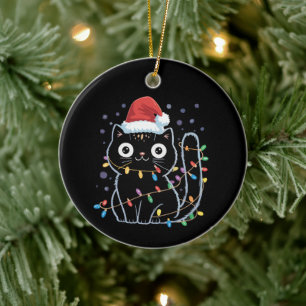 Süße schwarze Katze Santa Weihnachtslichter Miaut  Keramik Ornament