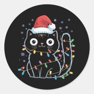 Süße schwarze Katze Santa Weihnachtslichter Miaut Runder Aufkleber