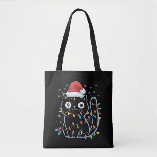 Süße schwarze Katze Santa Weihnachtslichter Miaut Tasche