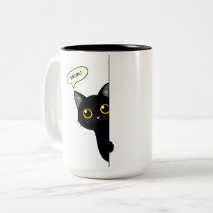 Süße schwarze Katze schaut um die Ecke   Lustig  Zweifarbige Tasse