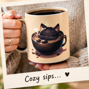 Süße schwarze Katze schwimmt in eine Kaffeetasse. Tasse