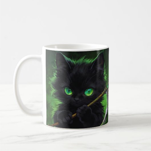 Süße schwarze Katze Sensenmann Grüne Augen Hallowe Kaffeetasse (Links)