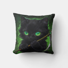 Süße schwarze Katze Sensenmann Grüne Augen Hallowe Kissen