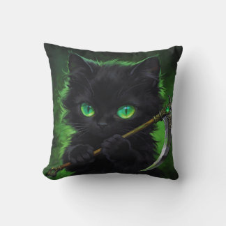 Süße schwarze Katze Sensenmann Grüne Augen Hallowe Kissen