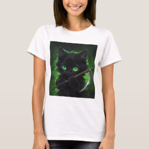 Süße schwarze Katze Sensenmann Grüne Augen Hallowe T-Shirt