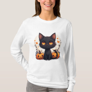 Süße schwarze Katze sitzt in Jack O Lantern Kürbis T-Shirt