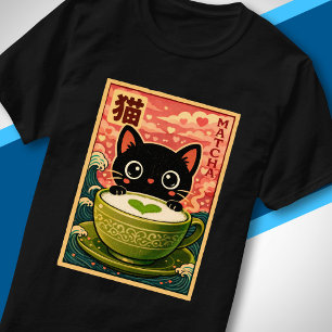 Süße schwarze Katze trinkt Matcha Kawaii japanisch T-Shirt