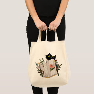 Süße schwarze Katze und florales Buch Tragetasche