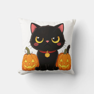 Süße schwarze Katze und Kürbisse Halloween Kissen