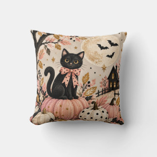 Süße schwarze Katze und rosa Halloween-Kürbisse Kissen