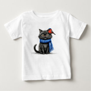 Süße schwarze Katze und Vogel Süßer Cartoon-Säugli Baby T-shirt