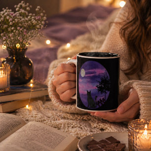 Süße schwarze Katze unter dem Mond – Kaffeetasse f