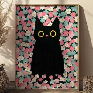 Süße schwarze Katze unter farbenfrohen Gänseblümch Poster