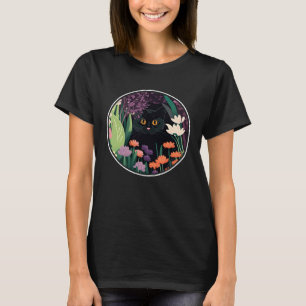 Süße schwarze Katze versteckt sich in Frühlingsblu T-Shirt