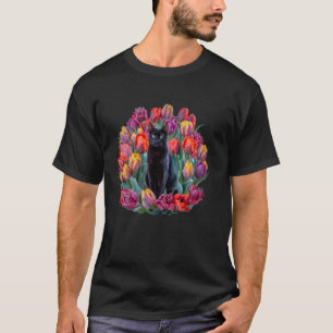 Süße schwarze Katze versteckt sich in Frühlingsblu T-Shirt