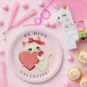 Süße schwarze Katze Vintage Be Mine Valentinstag Pappteller