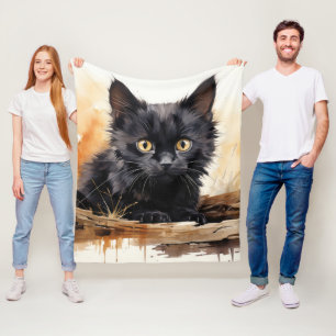 Süße schwarze Katze Wasserfarben Kunst Fleecedecke