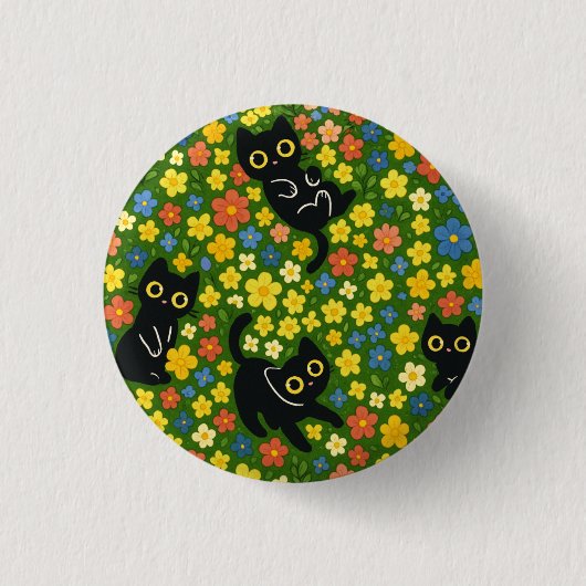 Süße schwarze Katzen Blumenwiese Muster Button (Vorderseite)