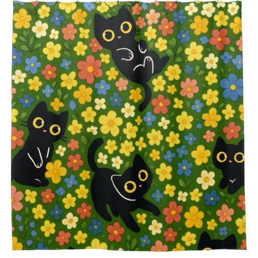 Süße schwarze Katzen Blumenwiese Muster Duschvorhang (Vorderseite)
