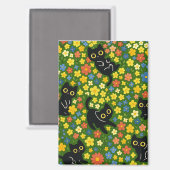 Süße schwarze Katzen Blumenwiese Muster Magnet (Vorderseite/Rückseite)