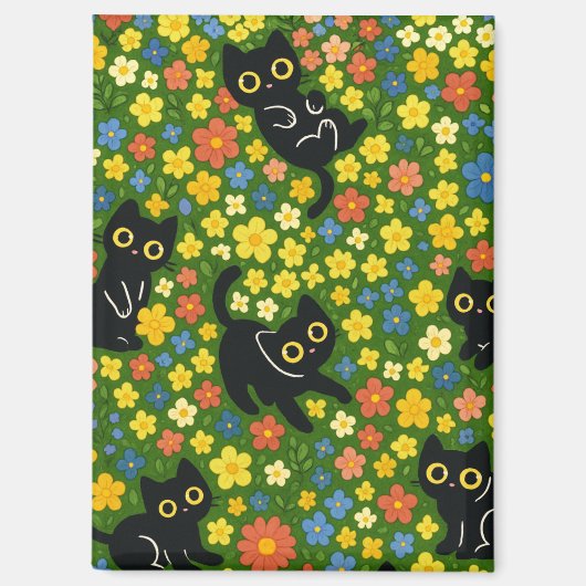 Süße schwarze Katzen Blumenwiese Muster Magnet (Vorderseite)