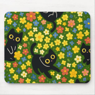 Süße schwarze Katzen Blumenwiese Muster Mousepad
