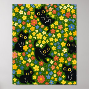 Süße schwarze Katzen Blumenwiese Muster Poster