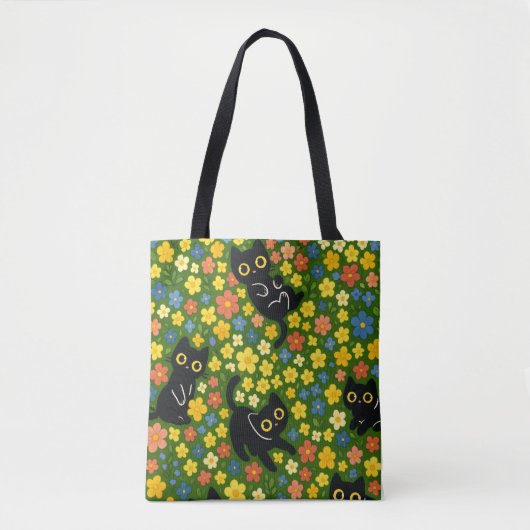 Süße schwarze Katzen Blumenwiese Muster Tasche (Vorderseite)