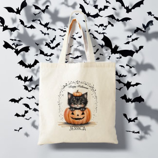 Süße schwarze Katzen-Halloween-Tasche | Kürbis Jac Tragetasche