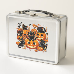 Süße schwarze Katzen in Kürbissen Halloween Nacht Metall Brotdose