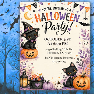 süße schwarze Katzen Kinder Halloween-Party Einladung
