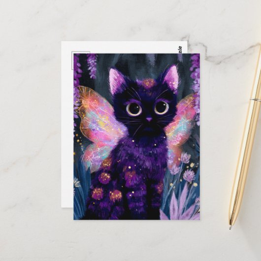 Süße schwarze Katzenfee Postkarte (Vorderseite/Rückseite Beispiel)