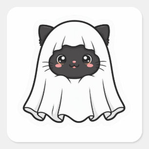 Süße schwarze Katzengeist Halloween Kawaii Quadratischer Aufkleber