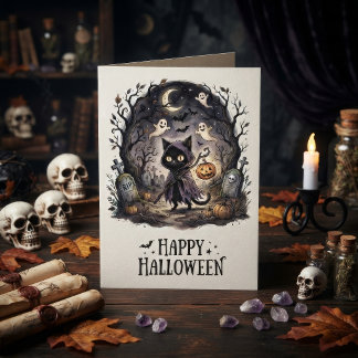 Süße schwarze Katzenhexe Halloween Karte