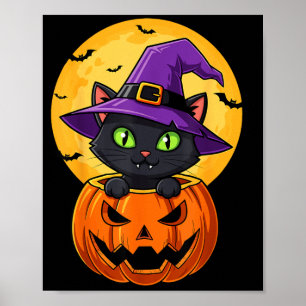 Süße schwarze Katzenhexenmütze in Kürbis Frauen Mä Poster