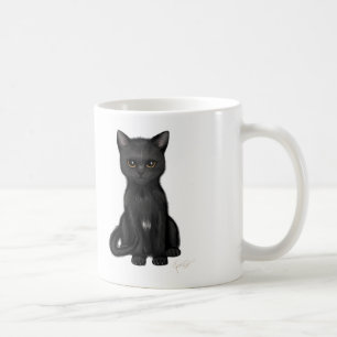 Süße schwarze Miezekatze-Katze mit hellen golden Kaffeetasse